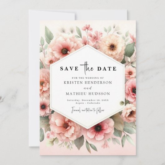 Mooie rustieke roze bloemen bruiloft save the date (Voorkant)
