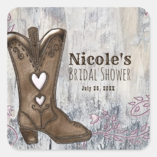 Mooie Rustieke Roze Cowgirl Hart Laarzen Bruiloft Vierkante Sticker