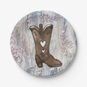 Mooie Rustieke Roze Cowgirl Hart Laarzen Bruilofts Papieren Bordje