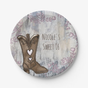 Mooie Rustieke Roze Cowgirl Hart Laarzen Bruilofts Papieren Bordje