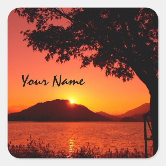 Mooie rustige Oranje Sunset Lake Mountain Vierkante Sticker (Voorkant)
