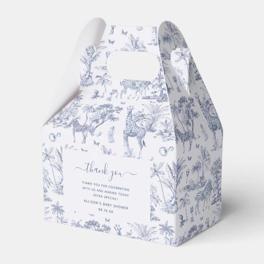 Mooie Safari Toile de Jouy | Blauwe baby shower fa Bedankdoosjes (Voorkant Zijde)