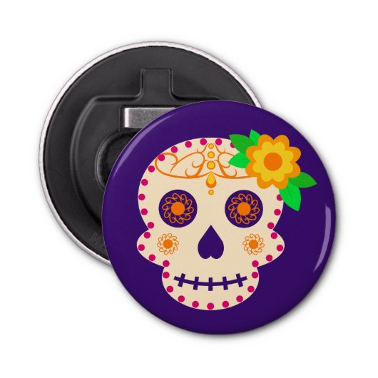 Mooie schedel met bloemen Día de los Muertos Button Flesopener (Voorkant)