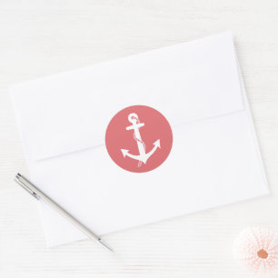Mooie scheepsanker koraalroze en witte  ronde sticker