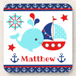 Mooie scheepsblauwe walvis en ankerpatroon bier onderzetter