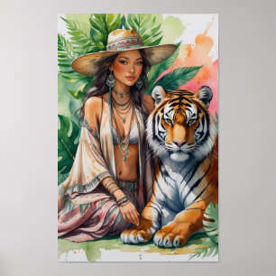 Mooie serene Boho-vrouw en haar tijger Poster