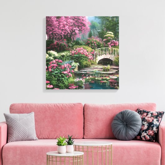 Mooie Shabby Chique Bloemen met Vijver en Brug Canvas Afdruk (Insitu (Woonkamer))