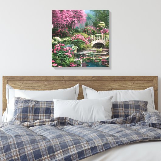 Mooie Shabby Chique Bloemen met Vijver en Brug Canvas Afdruk (Insitu (Slaapkamer))