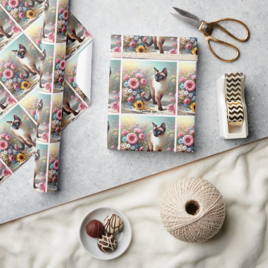 Mooie Siamese Kat en Bloemen Cadeaupapier (Crafts)