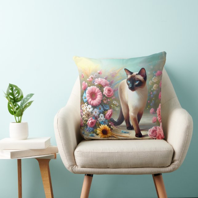 Mooie Siamese Kat en Bloemen Kussen (Stoel)