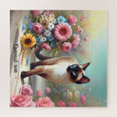 Mooie Siamese Kat en Bloemen Legpuzzel (Horizontaal)