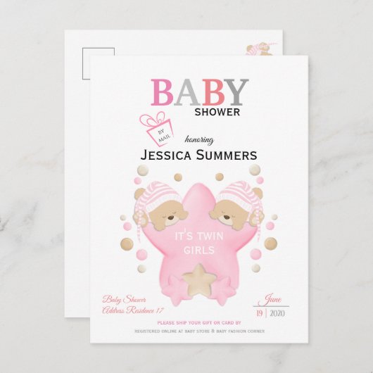 Mooie Slaande Teddibeer Tweeling Meisjes Shower Pe Uitnodiging Briefkaart (Voorkant / Achterkant)
