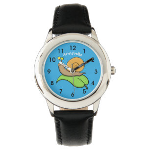 Mooie slak op een bladtekening van de cartoon horloge