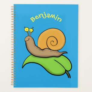 Mooie slak op een bladtekening van de cartoon planner