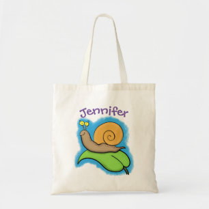 Mooie slak op een bladtekening van de cartoon tote bag