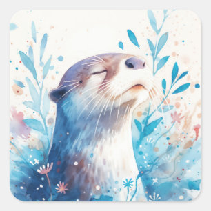 Mooie slapende blauwe babyotter in bloementuin vierkante sticker
