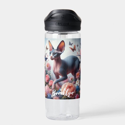 Mooie Sphynx Kat & Bloemen Waterfles (Achterkant)