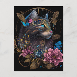 Mooie steampunk Maine Coon met bloemen AI-kunst Briefkaart