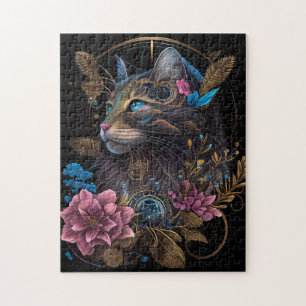 Mooie steampunk Maine Coon met bloemen AI-kunst Legpuzzel