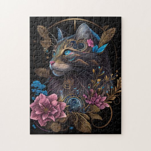 Mooie steampunk Maine Coon met bloemen AI-kunst Legpuzzel (Verticaal)