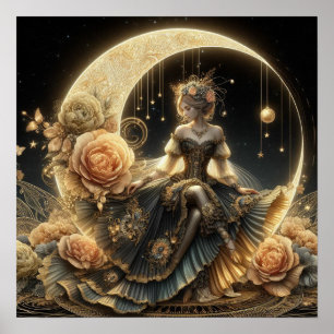 Mooie Steampunk Vrouw op de Maan Poster