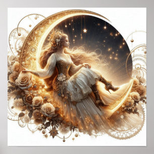 Mooie Steampunk Vrouw op de Maan Poster