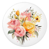 Mooie stengels van perzik en roze rozen keramische knop (Voorkant)