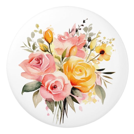 Mooie stengels van perzik en roze rozen keramische knop (Voorkant)