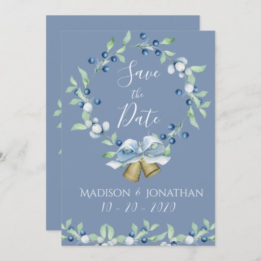 Mooie Stofblauwe Krans Elegant Eenvoudig Save The Date (Voorkant / Achterkant)