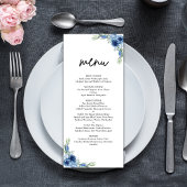 Mooie stoffige blauwe bloemen bruiloft menu