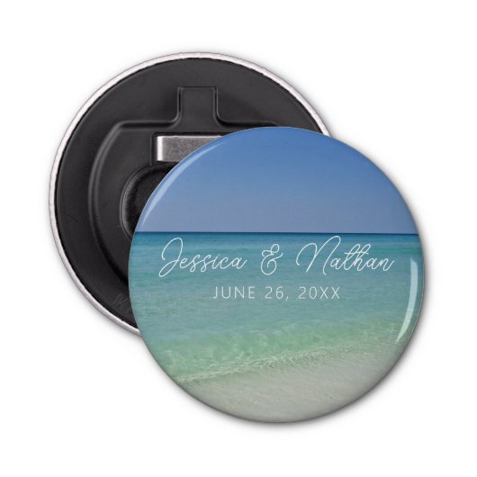 Mooie strand horizon gepersonaliseerde bruiloft button flesopener (Voorkant)