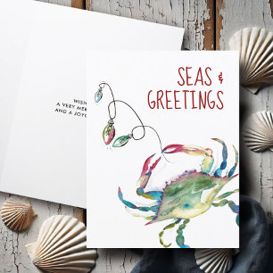Mooie strand kerstkaarten aquarel krab feestdagen kaart