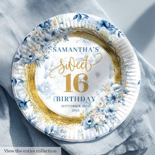 Mooie Sweet 16 Dusty Blue Gold Glitter Borden Papieren Bordje