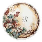 Mooie takkenkrans witte bloemen rode bessen keramische knop (Voorkant)