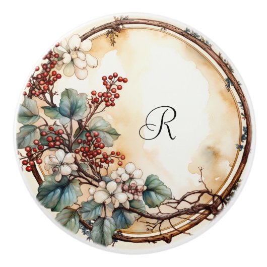 Mooie takkenkrans witte bloemen rode bessen keramische knop (Voorkant)