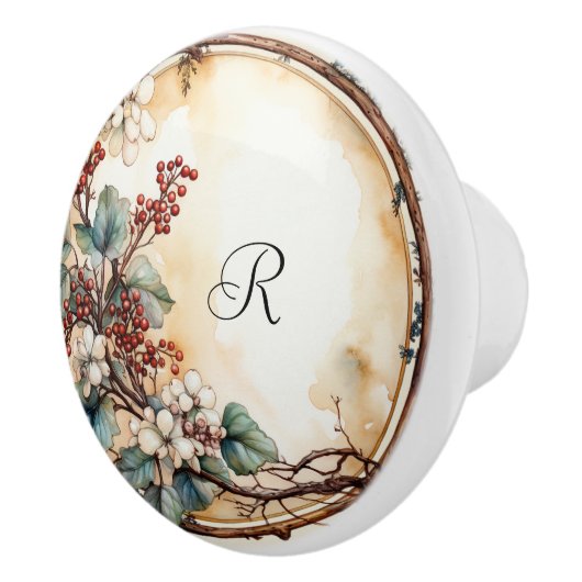 Mooie takkenkrans witte bloemen rode bessen keramische knop (Rechts)