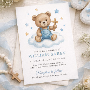 Mooie teddybeer doopontwerp met blauwe sterren kaart