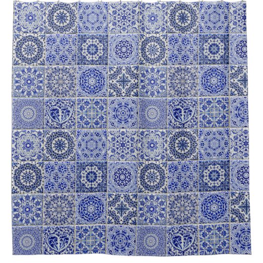 Mooie Tegels - Blauw en wit badkamer Douchegordijn (Voorkant)
