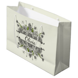 Mooie tekening van zwart-witte bloemen groot cadeauzakje