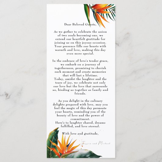 Mooie tekst Vogels van het Paradijs Bliss huwelijk Menu (Achterkant)