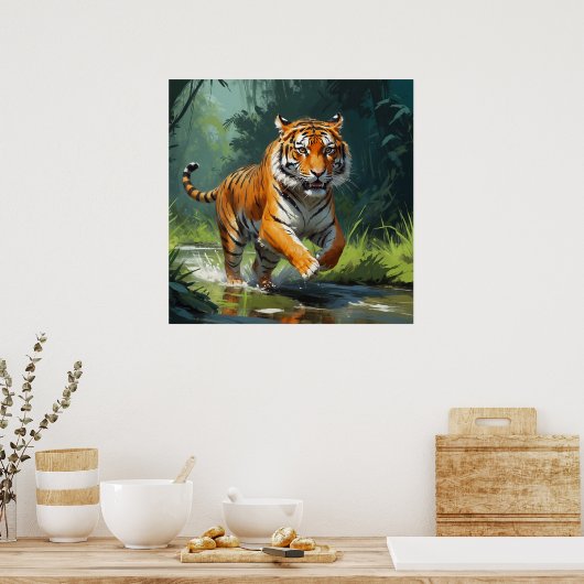 Mooie Tijger Hardlopen in het Oerwoud Schilderen Poster (Keuken)