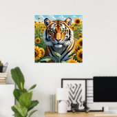 Mooie Tijger in Zonnebloemveld Bloemen Poster (Thuiskantoor)