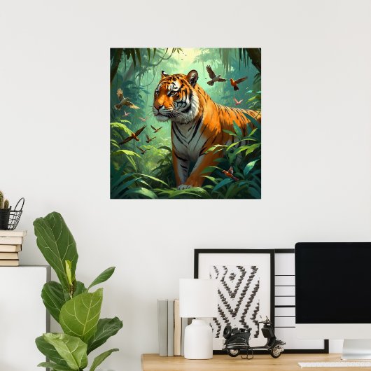 Mooie Tijger met Vogels in Oerwoud Poster (Thuiskantoor)