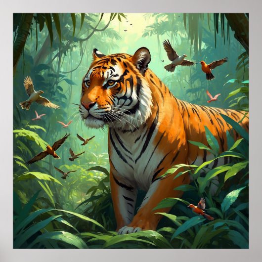 Mooie Tijger met Vogels in Oerwoud Poster (Voorkant)