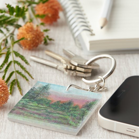 Mooie Trees Pink Sky Art Sleutelhanger (Voorkant Rechts)