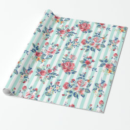 Mooie trendy  blauwe strepen rozen cadeaupapier