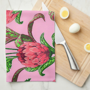 Mooie tropische groene bladeren met rode bloemen theedoek