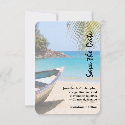 Mooie Tropische strand met een roeiboot Save The Date (Voorkant)