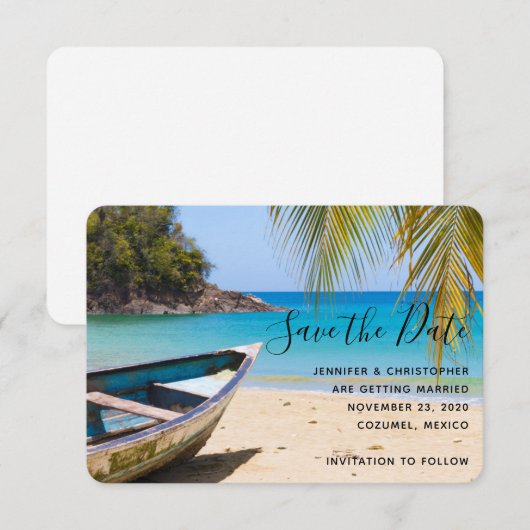 Mooie Tropische strand met een roeiboot Save The Date (Voorkant / Achterkant)