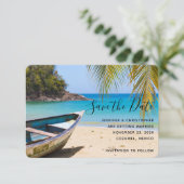 Mooie Tropische strand met een roeiboot Save The Date (Staand voorkant)